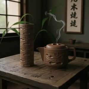 RARE Vintage Yixing Zisha Hawaiian Tiki Teapot with Lid and 4 Teacups